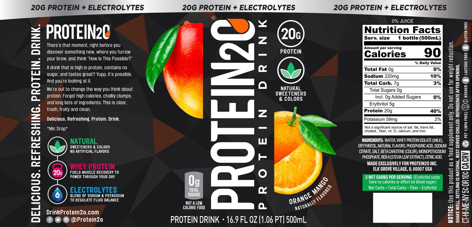 (4 pack) Protein2o 20g Whey Protein Isolate Hydration Liquid Drink, 350mg