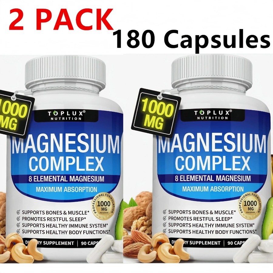 2 Pack 1000mg 8-in-1 Magnesium Complex Supplement, 180 Capsules Multi Element