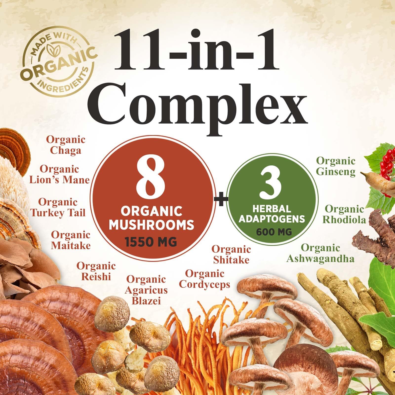 Organic Mushroom Supplement Powder – 11 in 1 Complex Nootropic & Adaptogens