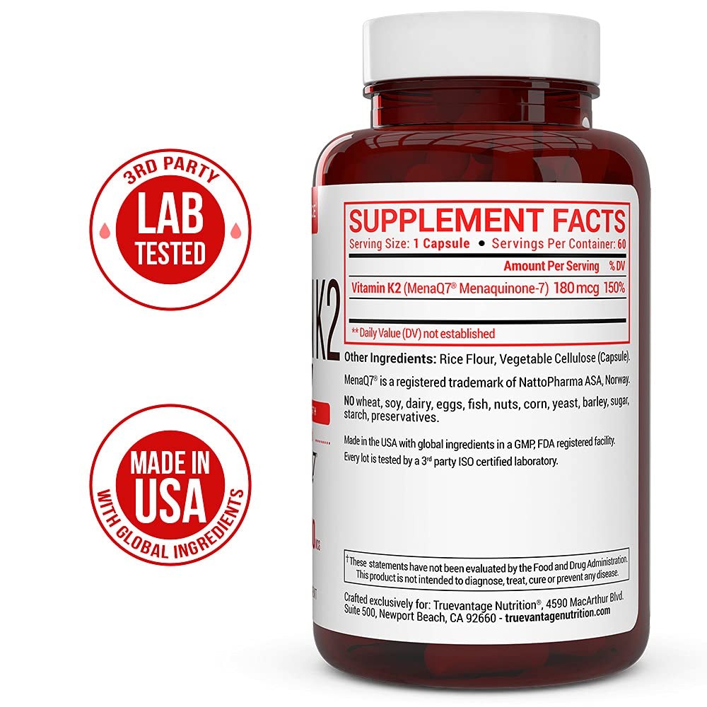 Vitamin k2 MK-7 Supplement 180mcg -Vitamin K2 Supports 60 Count (Pack of 1)