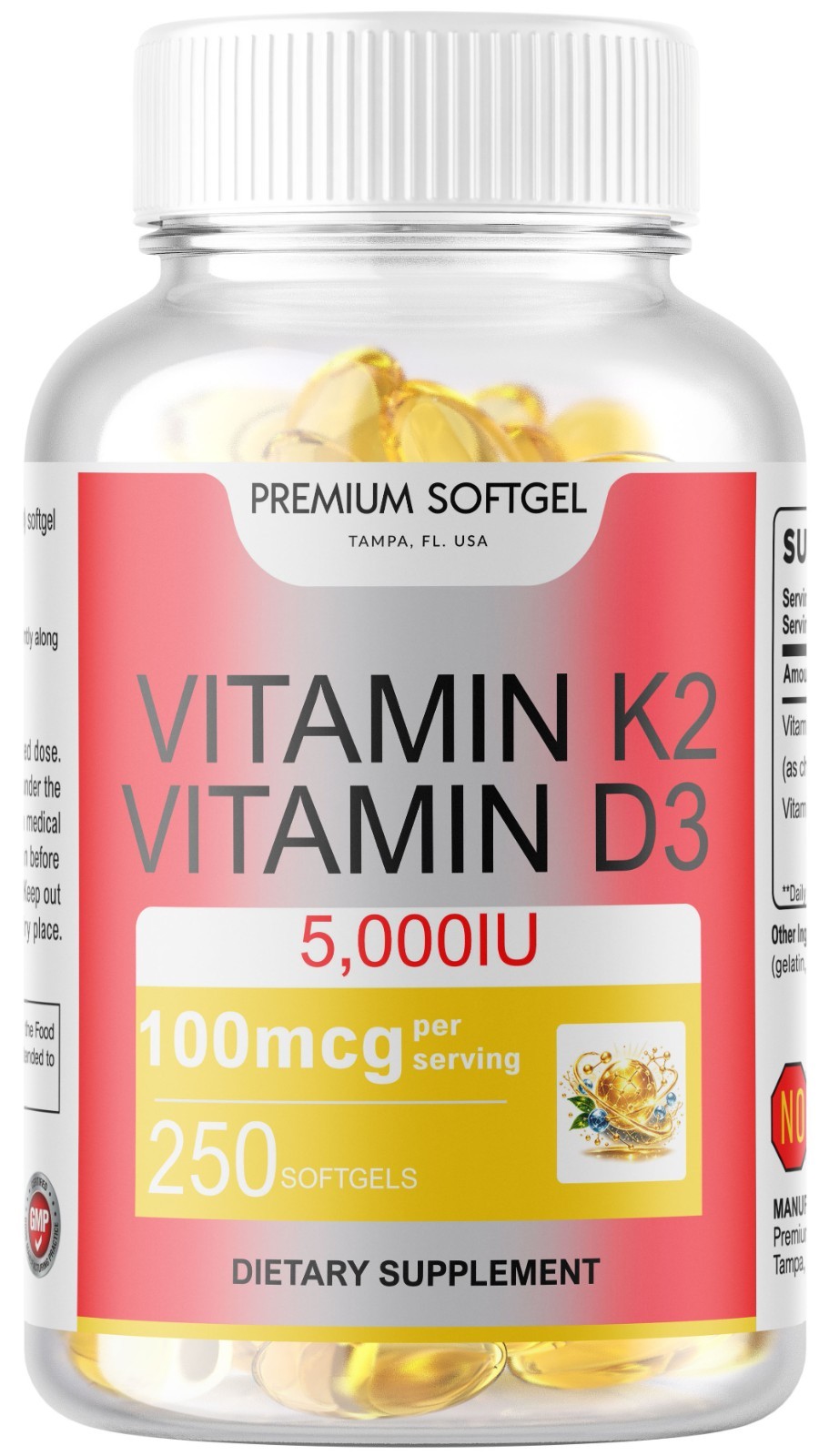 Vitamin K2 D3 Combo 250 Softgels, Gluten Free 2 Bottles 500 Total NON-GMO