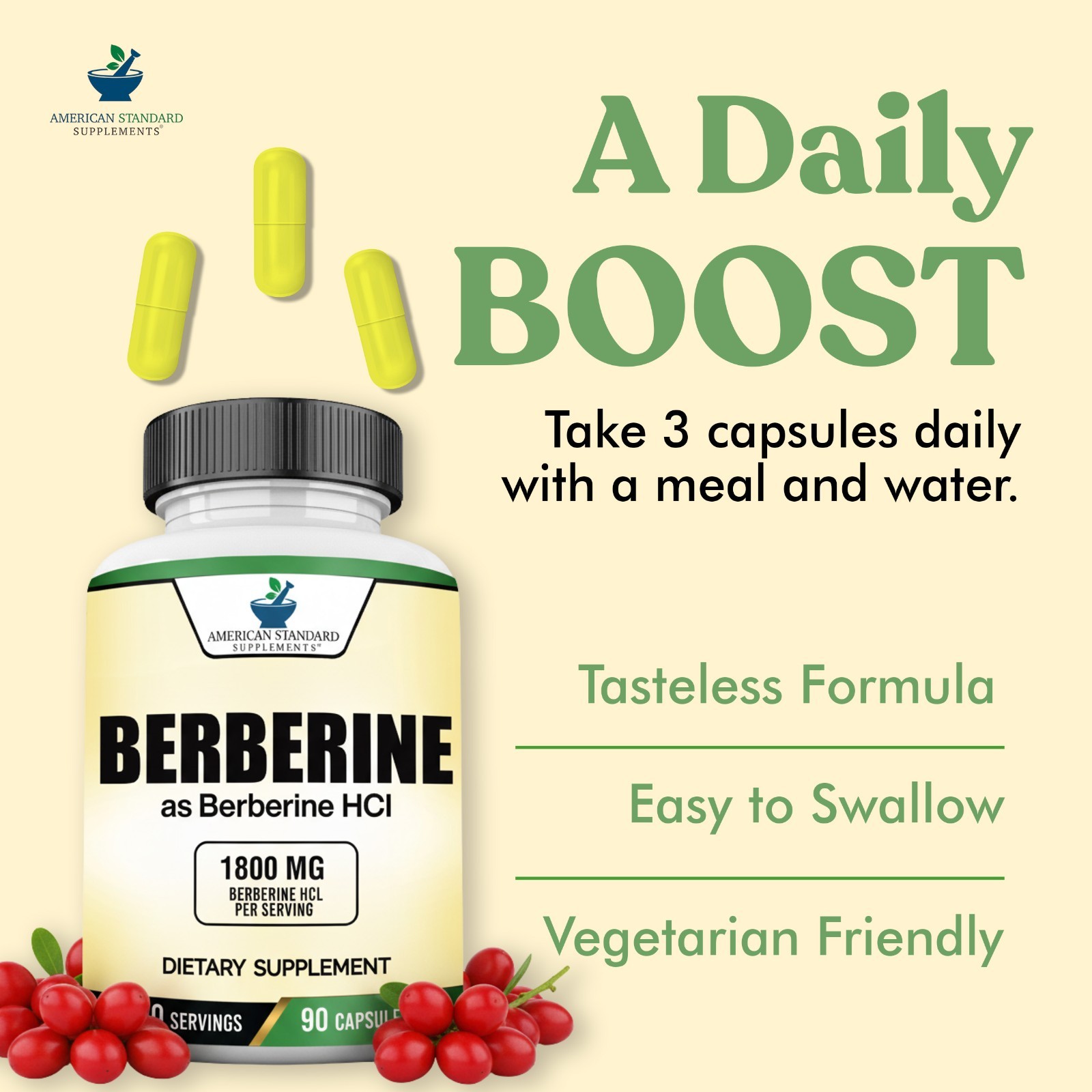 Berberine 1800mg Per Serving, Berberine HCL, 90 Vegan Capsules