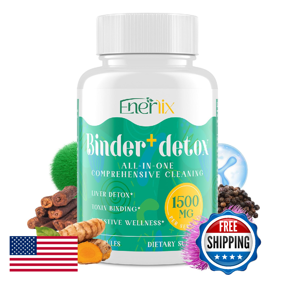 Enerlix 15-In-1 Detox Binder Activated Charcoal Clay Chlorella 1500 Mg Detox