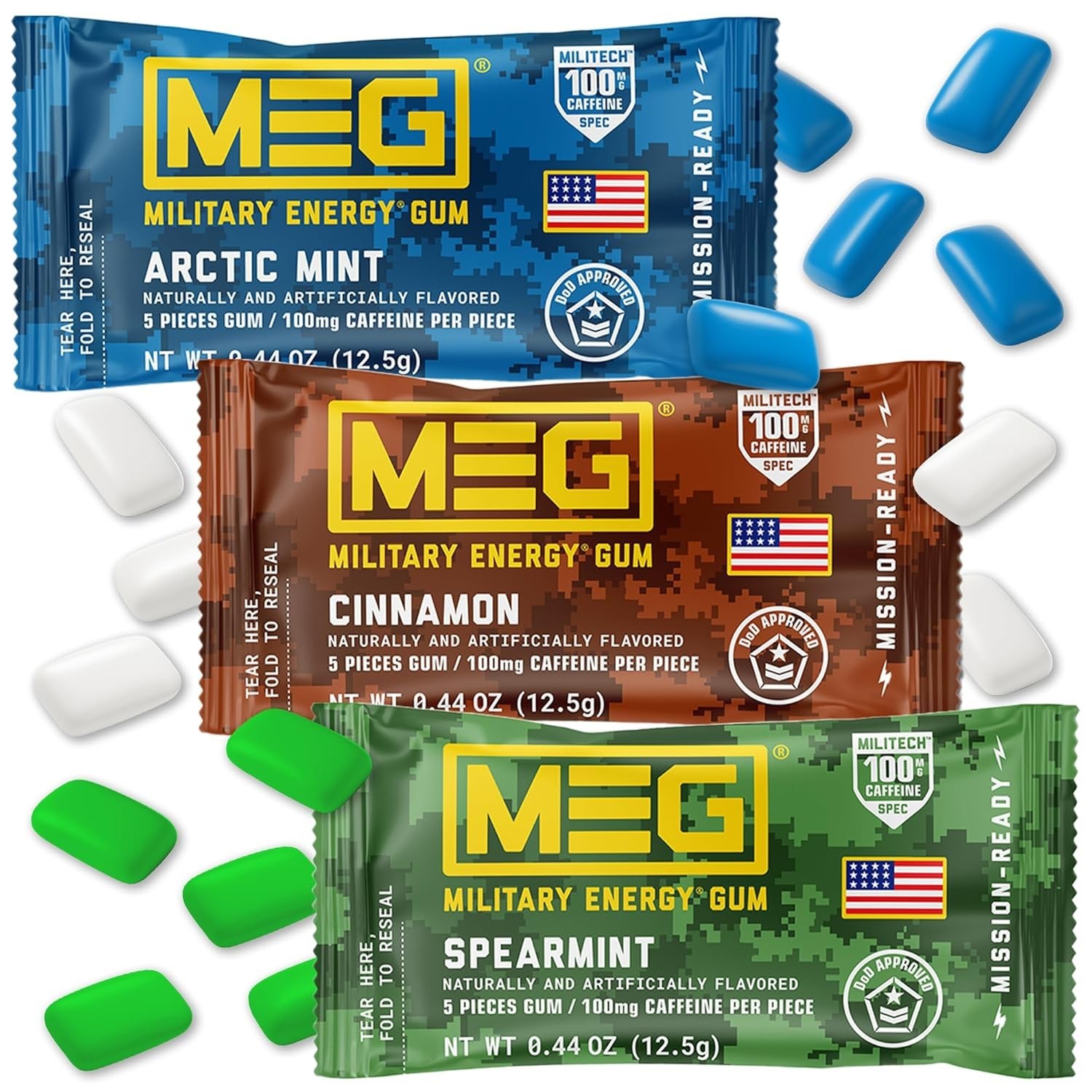 MEG Gum – Military Energy | 100mg of Caffeine Per Green, Red, Light Blue