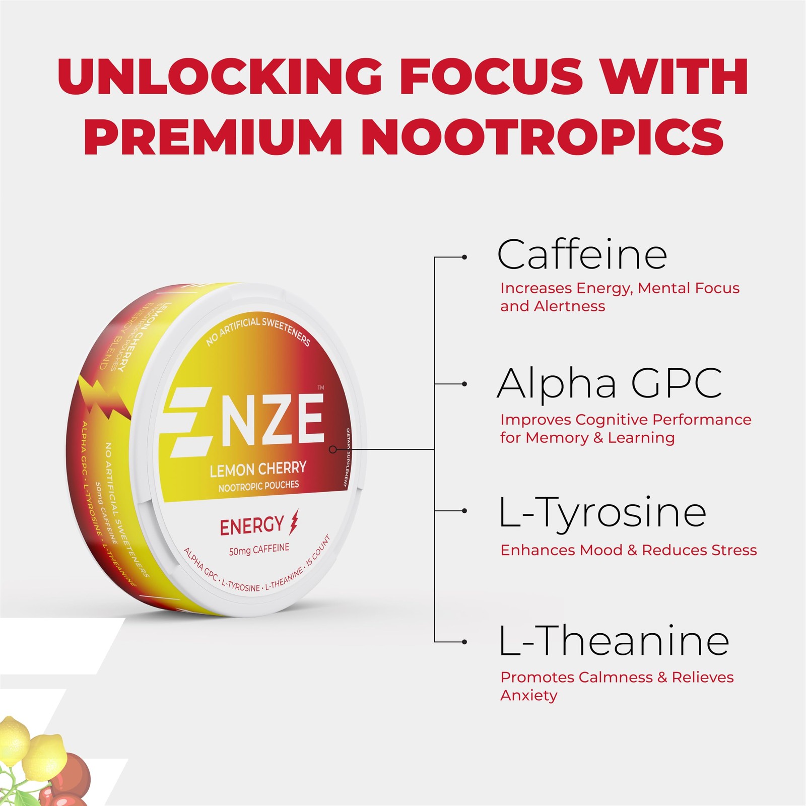 NZE Caffeine Nootropic Pouches Lemon Cherry Energy Pouches with 50mg Caffein…