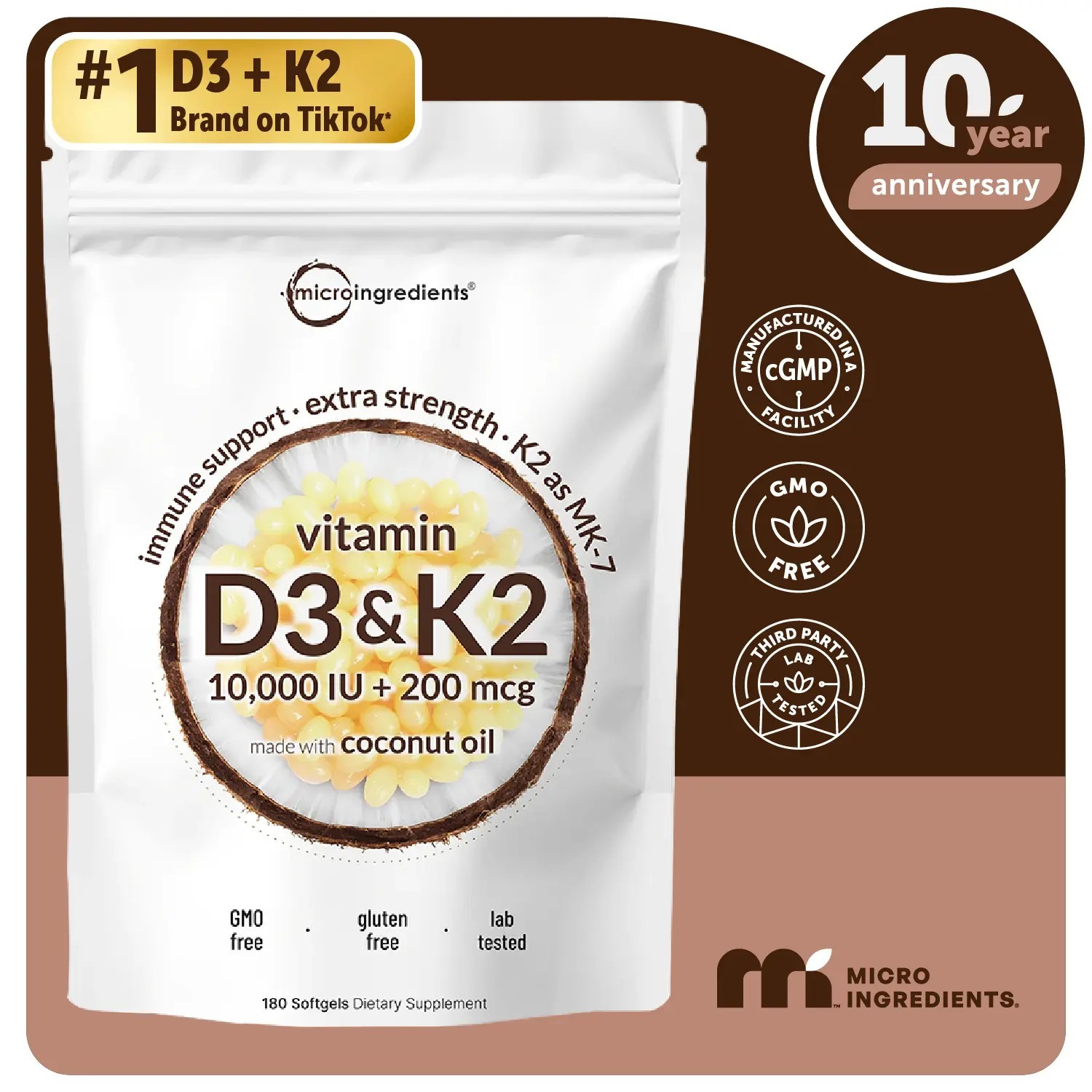 Micro Ingredients Vitamin D3 K2 Coconut oil 300 Softgels Dietary Supplement