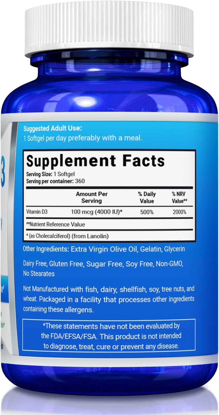 Vitamin D3 5000 IU – in Non GMO Olive Oil – Powerful Health Benefits – 360