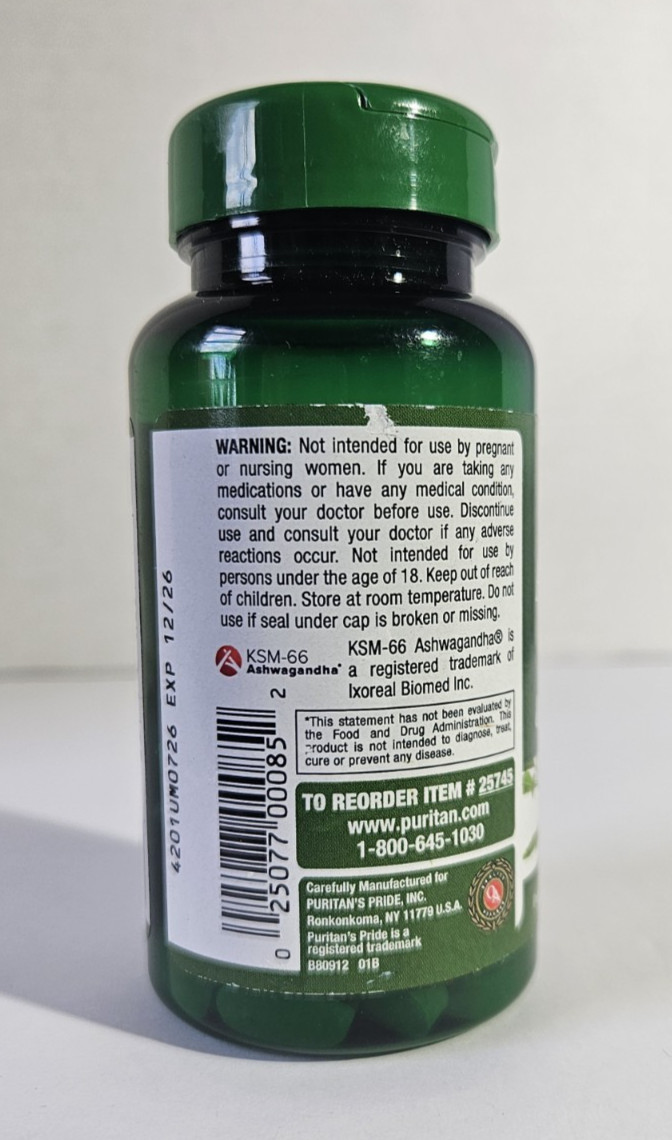 Puritan’s Pride Ashwagandha KSM-66® & L-Theanine 60 Tablets