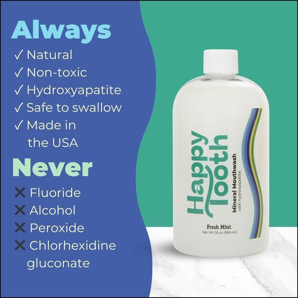 Happy Tooth Hydroxyapatite Mouthwash, Fluoride Free, 20 Fl Oz (Pack of 1)