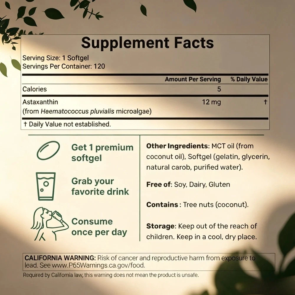 Micro Ingredients Natural Astaxanthin 12mg | 120 Softgels, Easy to Swallow