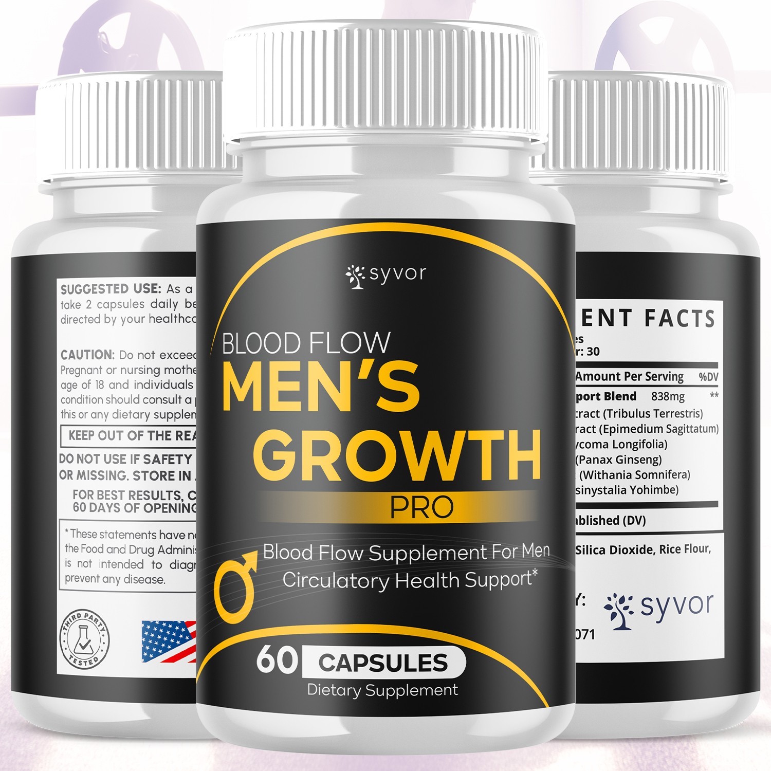 (3 Pack) Blood Flow Men’s Growth Pro Advanced Male Support Vitamin 180 Capsules