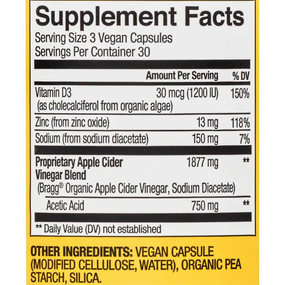 Improved Bragg Apple Cider Vinegar Vitamin D3 Zinc Immune Weight Management 90 C