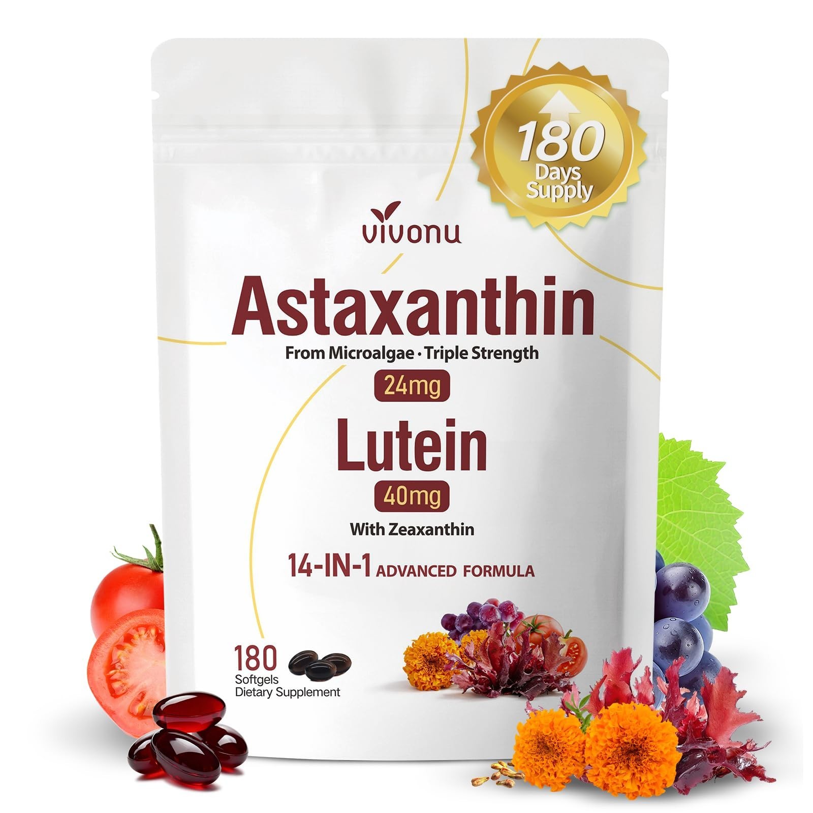 14-in-1 Astaxanthin 24mg & Lutein 40mg Supplements – 180 Softgels, Antioxidant,