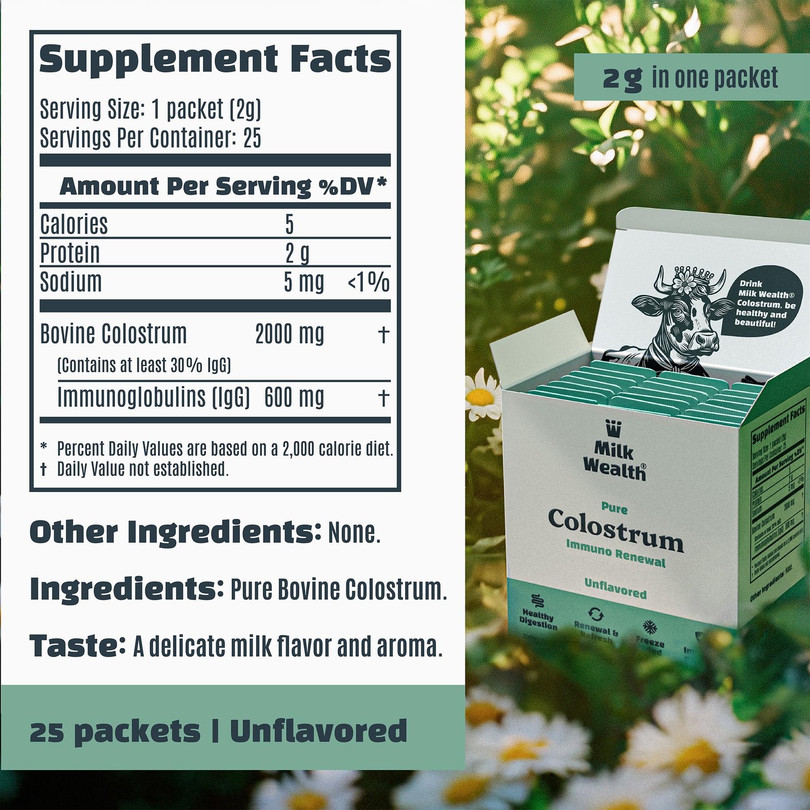 Milk Wealth Bovine Colostrum Powder 50G Igg Gut Health 25 Single-Serve Packets