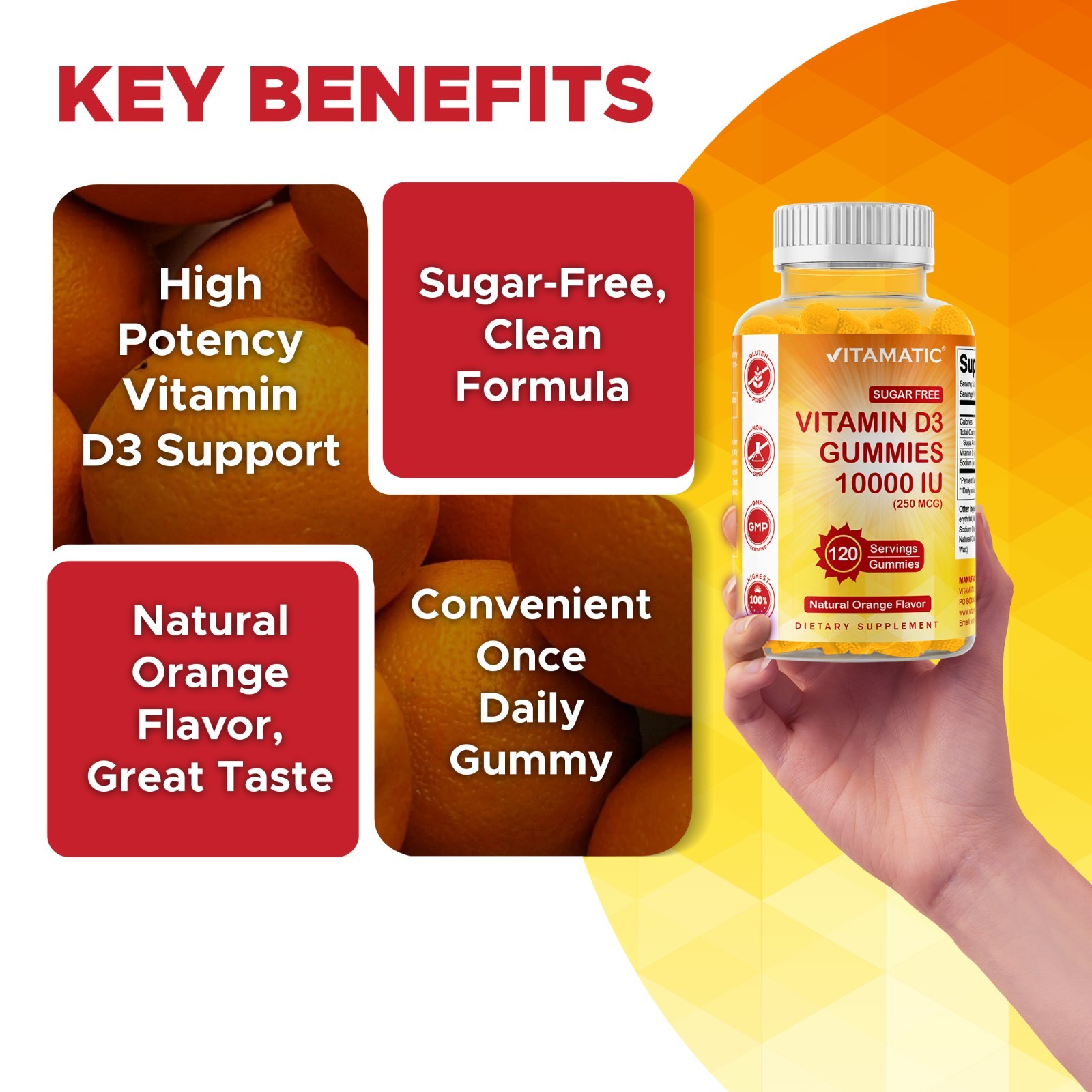 Vitamatic Sugar Free Vitamin D3 (10,000 IU) – 120 Pectin Based Gummies.