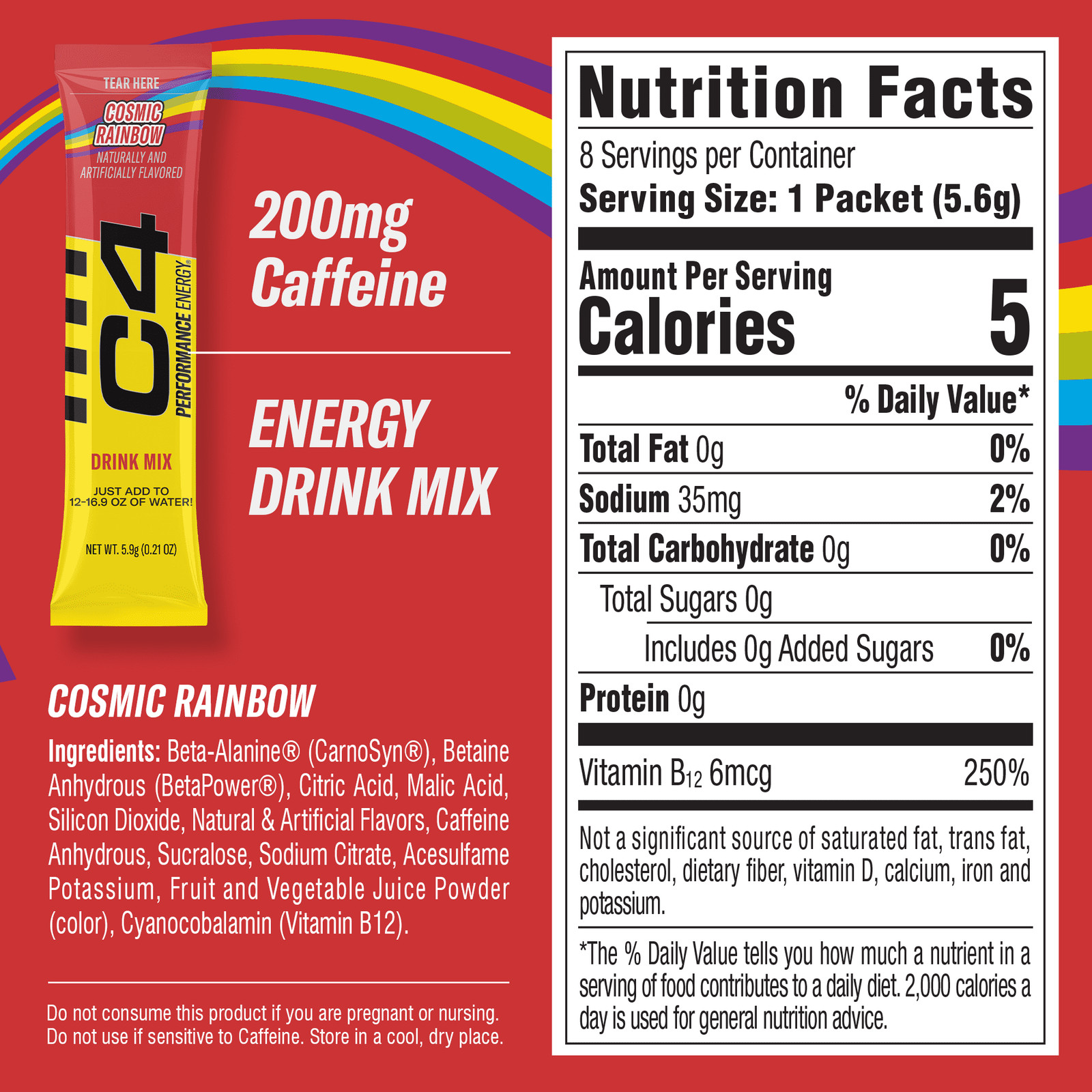 C4 Performance Energy Powder Drink Mix, Cosmic Rainbow, 8 Pack