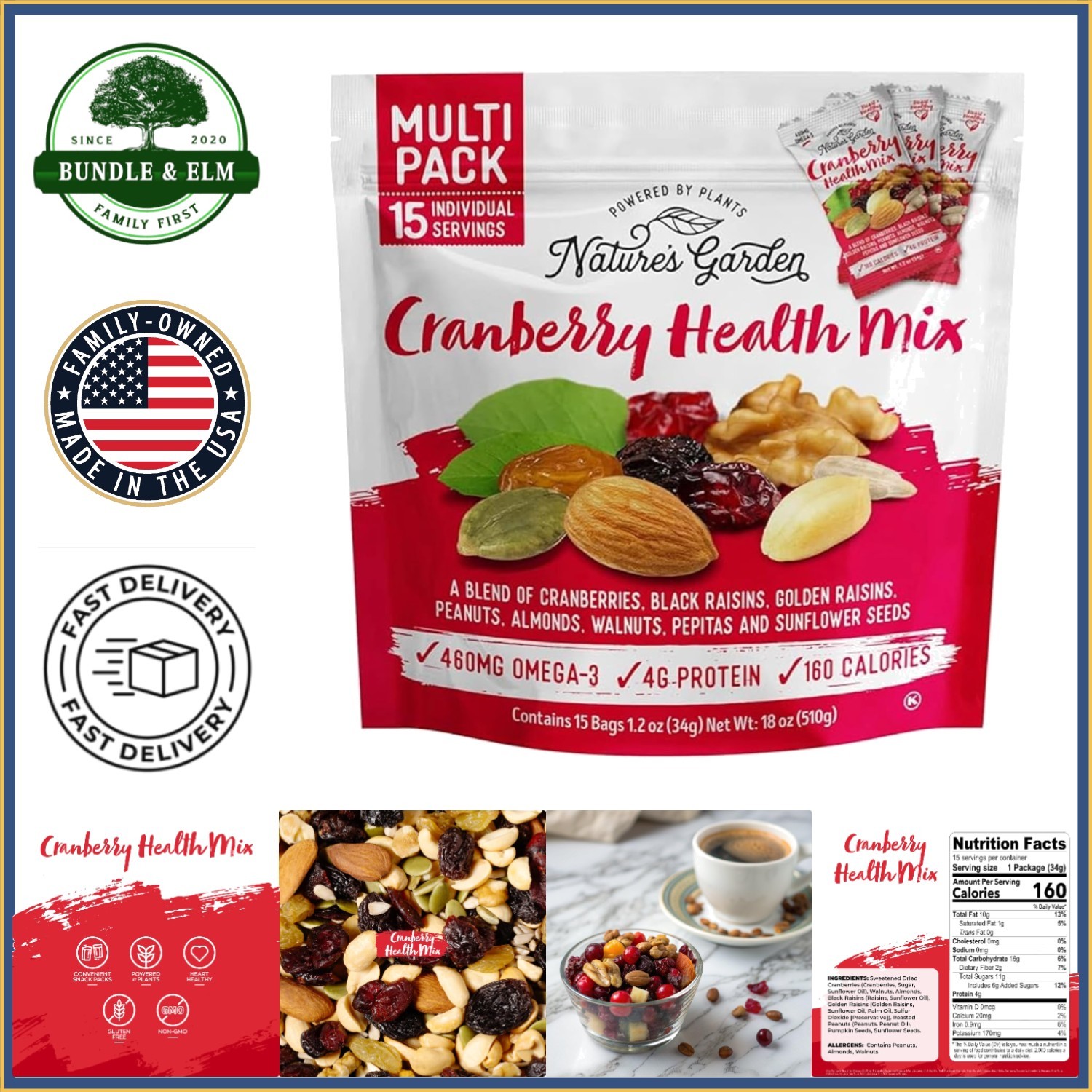 Cranberry Health Mix, Snack Pack of 15 Individual Servings, Gluten Free