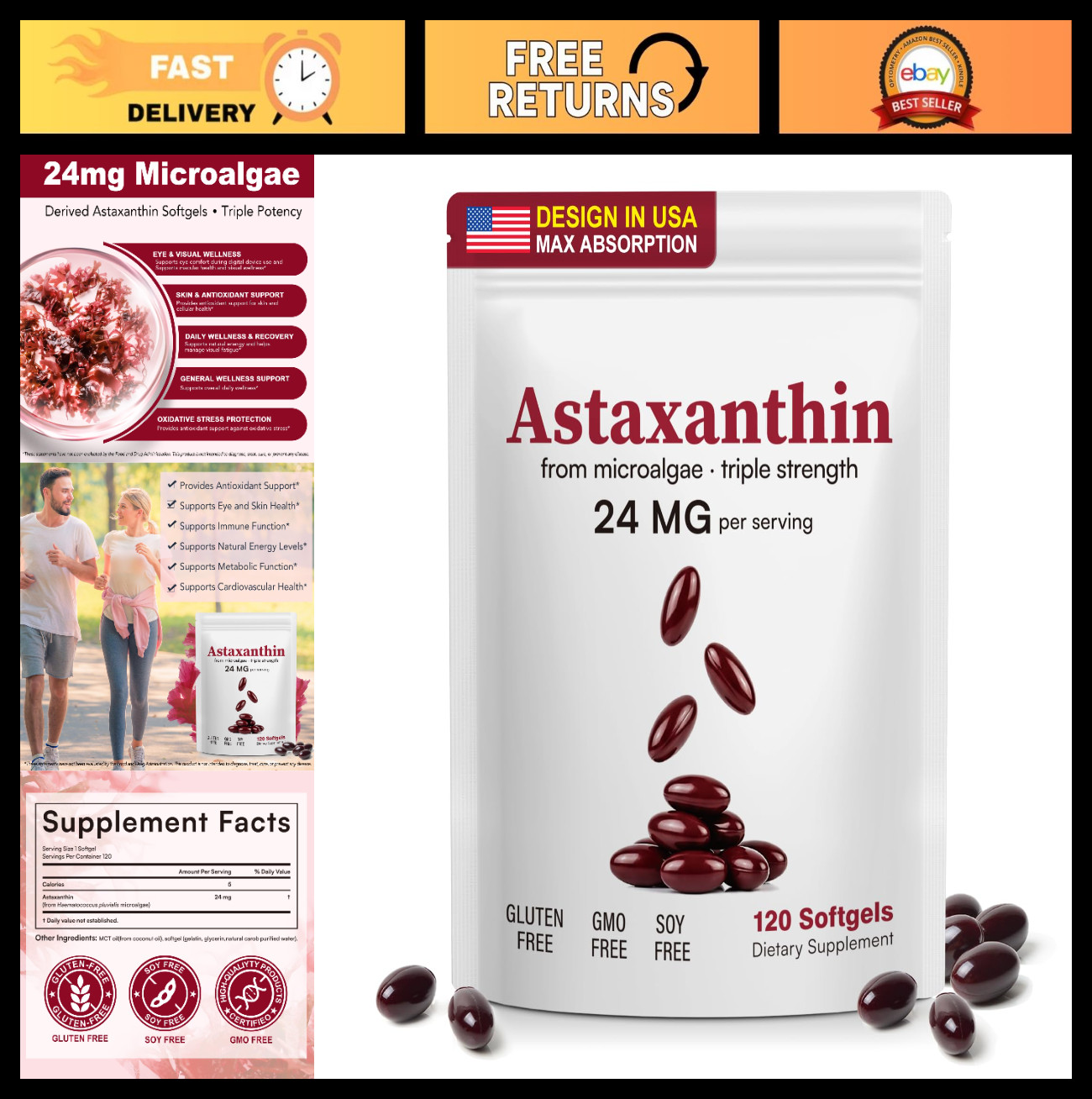 Natural Astaxanthin 24mg Softgels | 120 Count | Antioxidant for Eye, Skin & Join