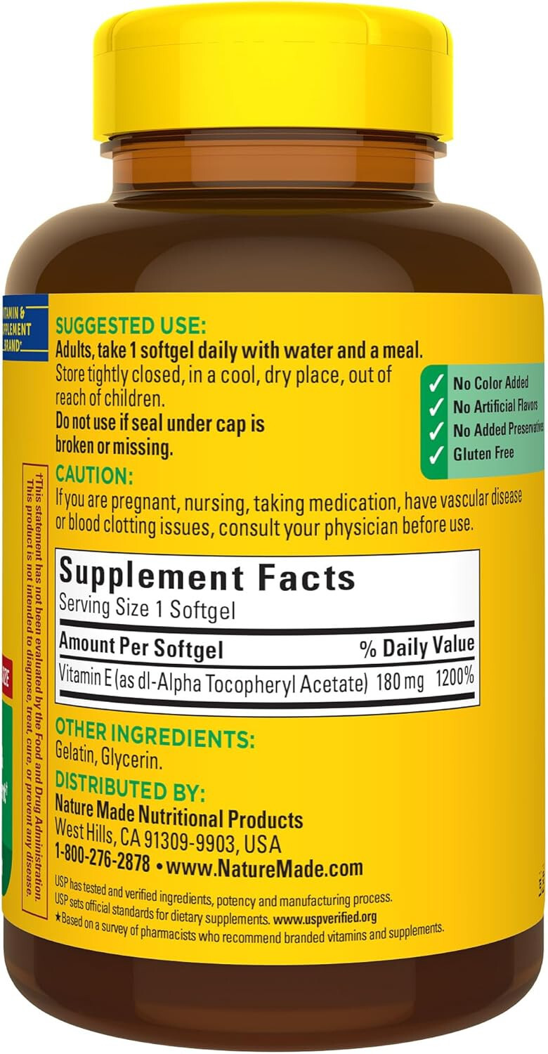 Nature Made Vitamin E 180mg (400 IU), Antioxidant Support, 300 Softgels