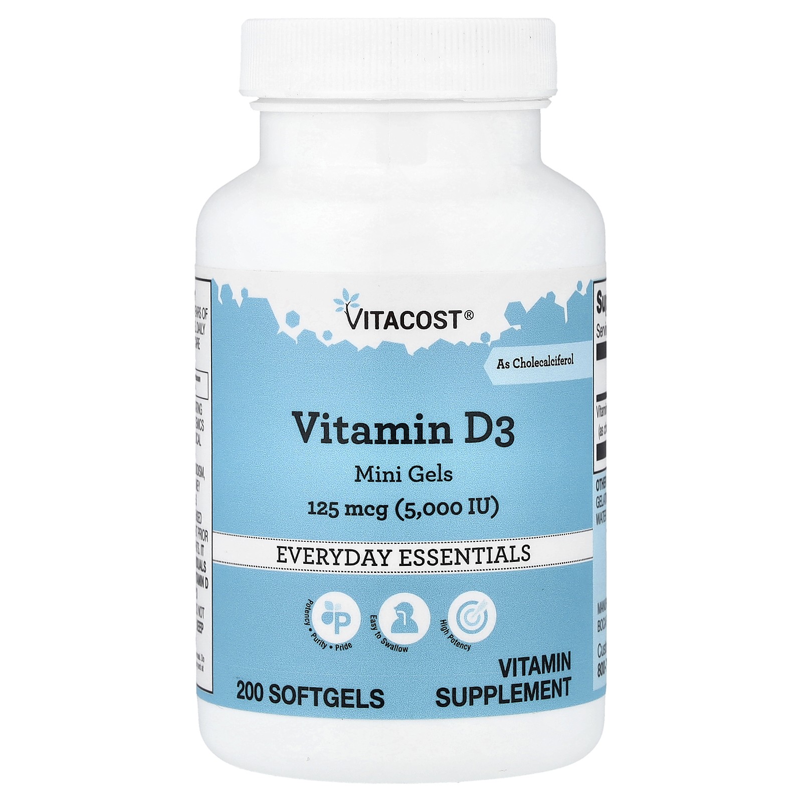 Vitamin D3 Mini Gels, 125 mcg (5,000 IU), 200 Softgels