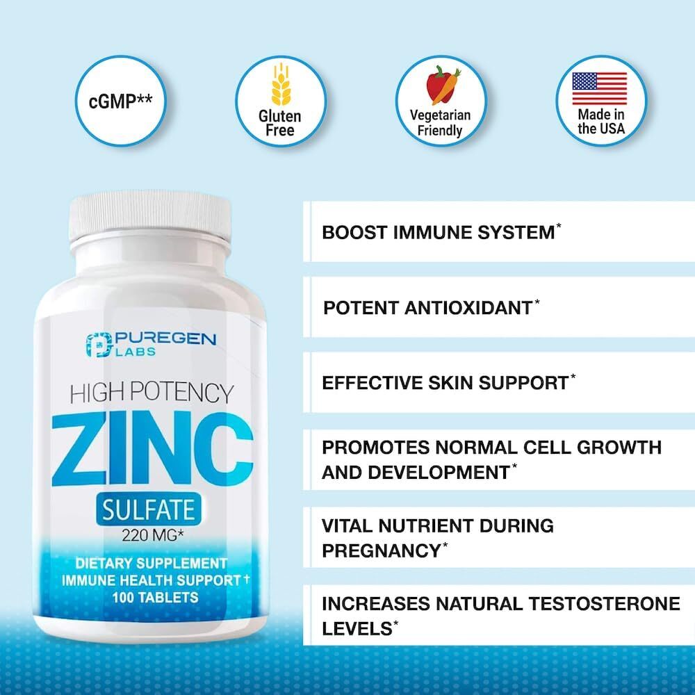 Puregen Labs Zinc Sulfate 220 mg 100 Tablets