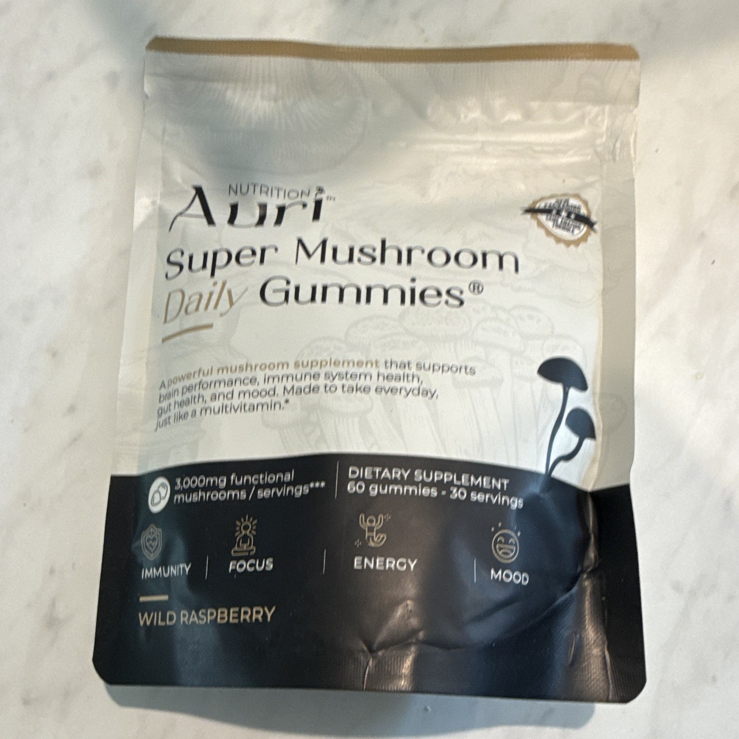Auri Nutrition Super Mushroom Daily Gummies Immune/Energy 60 Ct Wild Raspberry