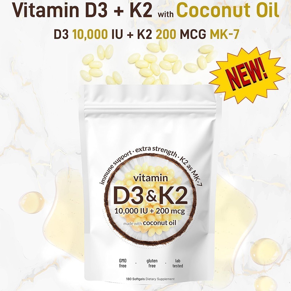 Vitamin D3 10000 iu Plus K2 MK-7 200 mcg 300 Virgin Coconut Oil Softge LOT NEW