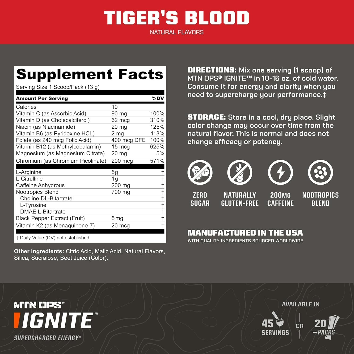 MTN OPS Ignite Energy Drink Powder Sugar Free 45 Servings Tiger’s Blood