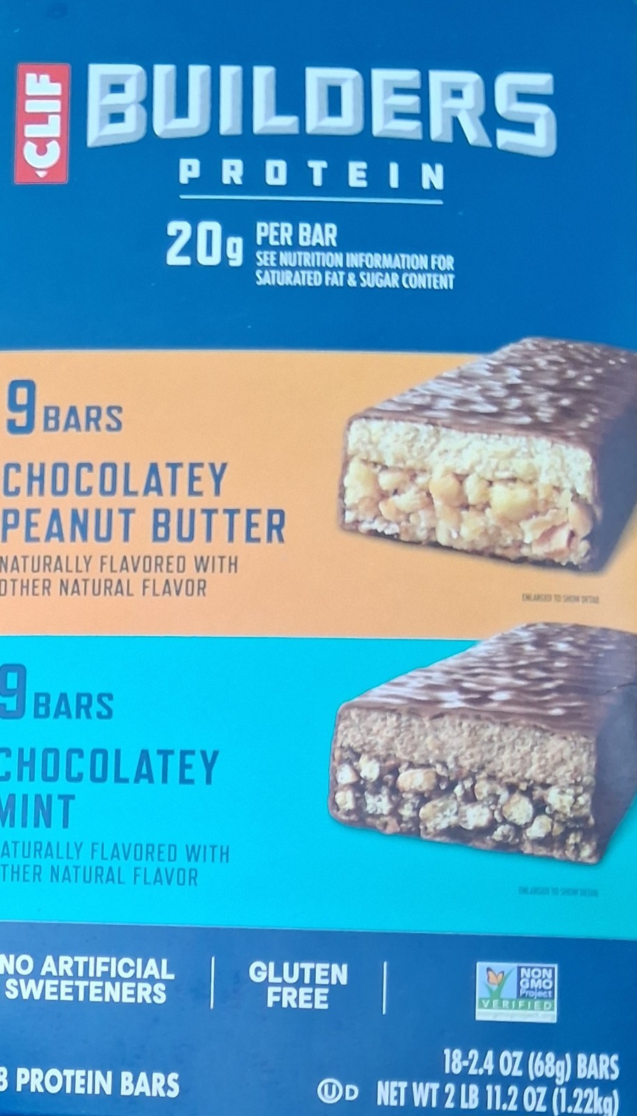 Clif BUILDERS Protein Bars Variety Pack, Gluten Free Bars, 20 Grams, 18 pk.