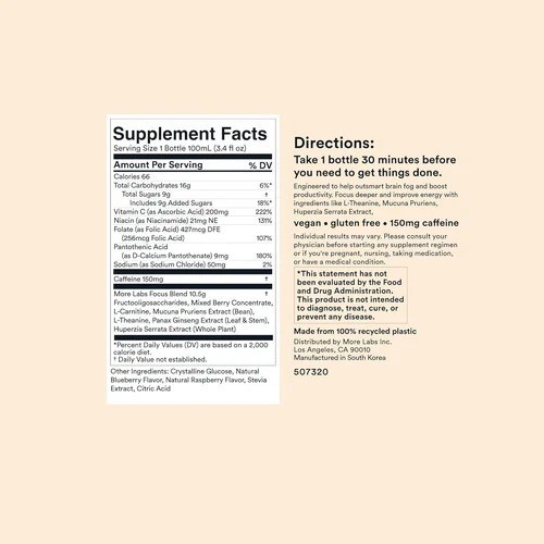 More Labs Liquid Focus, Nootropic Smart Drink with 3.4 Fl Oz (Pack of 12)