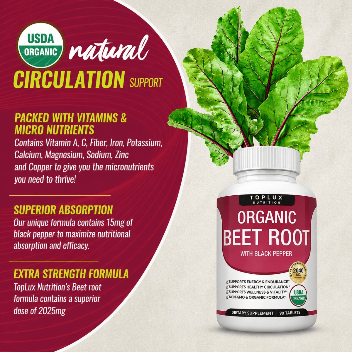 Toplux Organic Beet Root 2040mg Tablets, Nitric Oxide & Circulation Support
