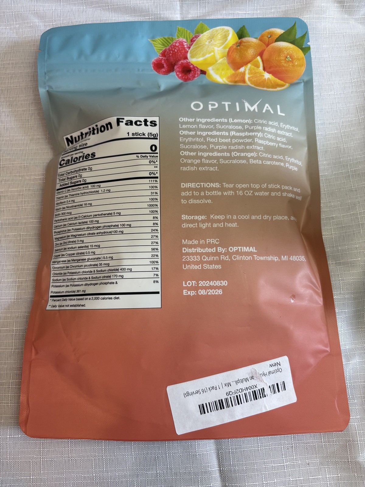 Optimal Electrolytes Powder Energy Drink – 16 Hydration Packets EXP 8/26