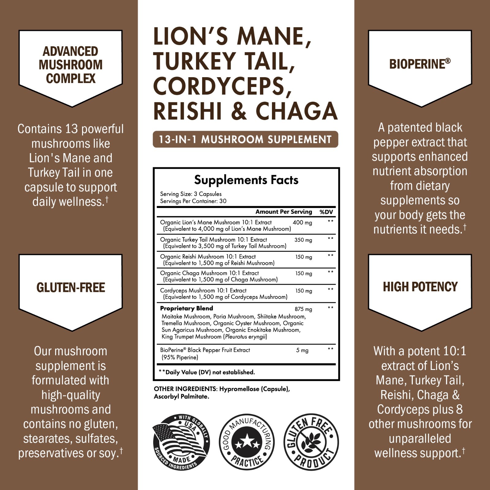 Mushroom Supplement Organic Lions Mane Capsule Complex with Reishi, Turkey, 90ct