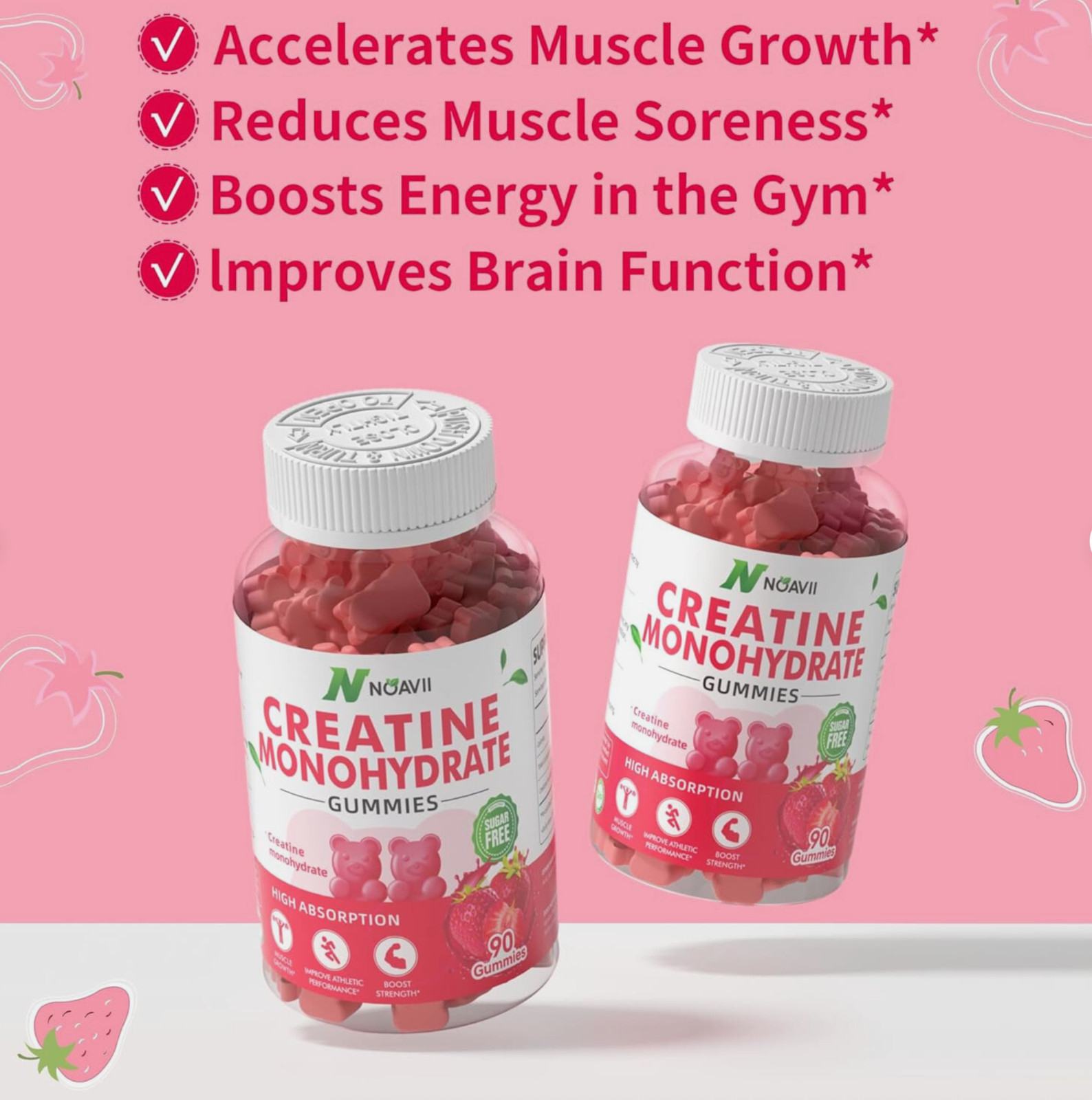 Creatine Monohydrate Gummies Strawberry 90 ct – LOT OF 3 – Noavii expire 05/2027