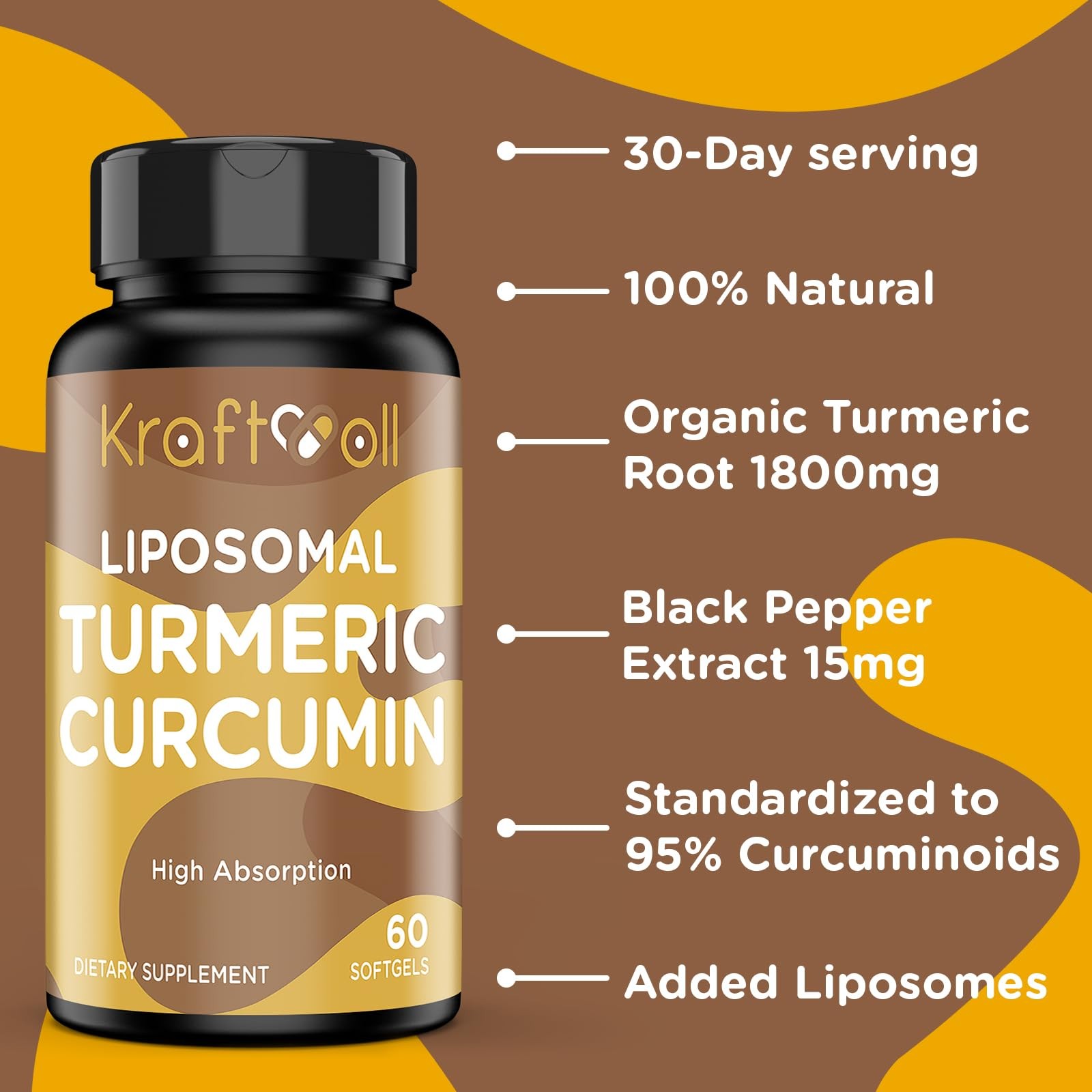 Kraftvoll Liposomal Turmeric Curcumin 2200mg with Black Pepper Softgels 60ct