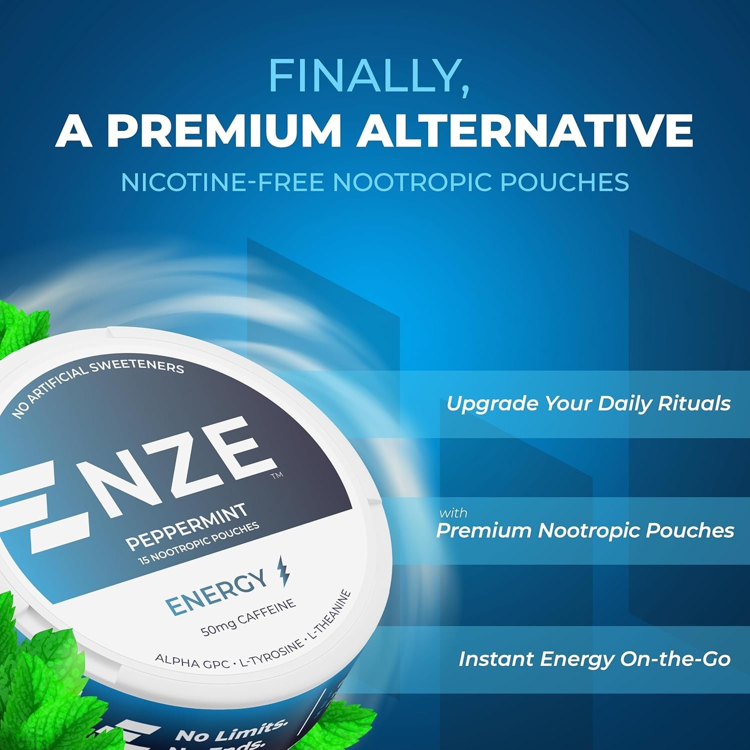 NZE Caffeine Nootropic Pouches Peppermint Energy Focus Nicotine Free 5Pk