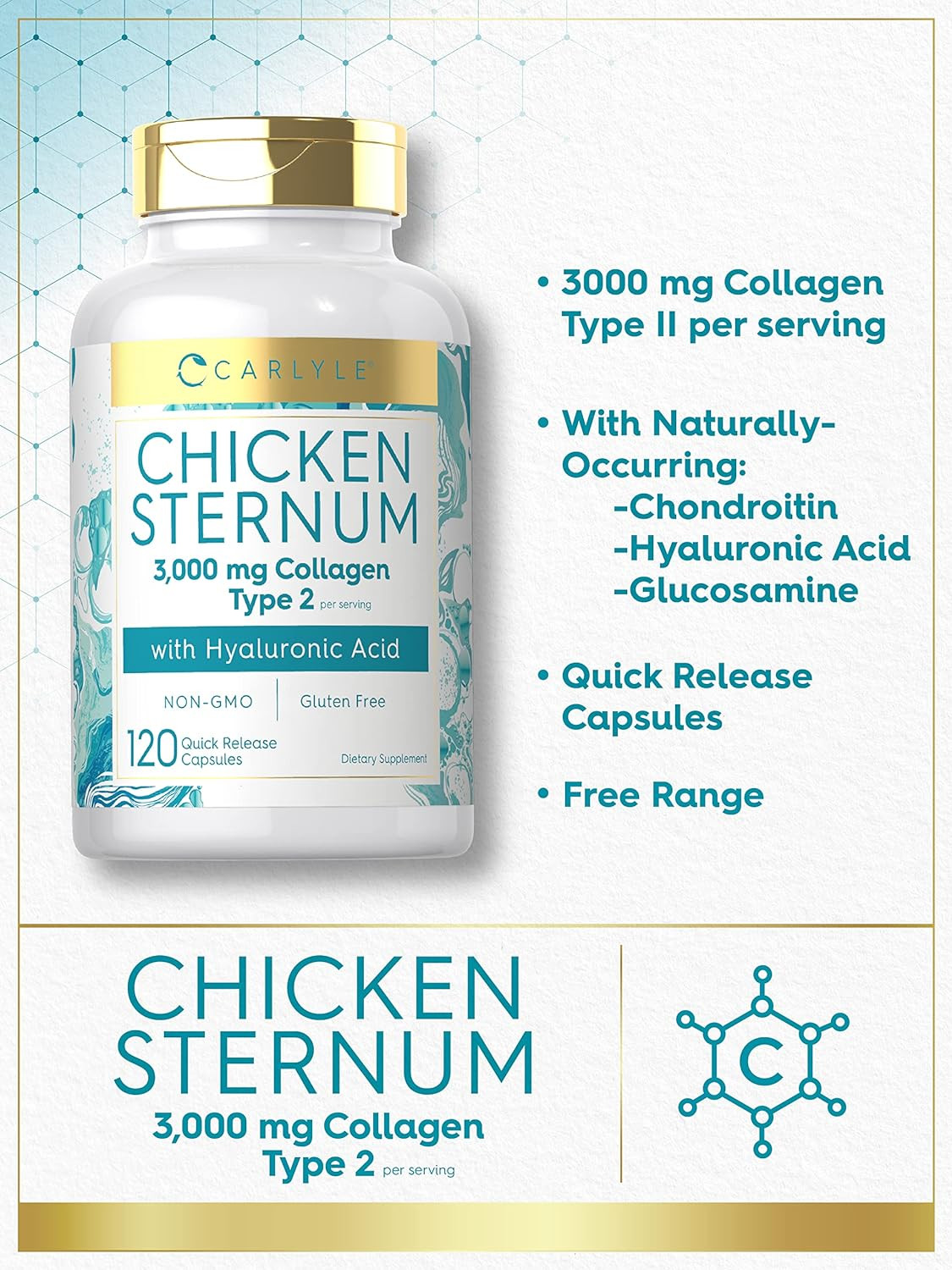 Chicken Sternum Cartilage Collagen Type II 3000Mg 120 Capsules with Hyaluronic A