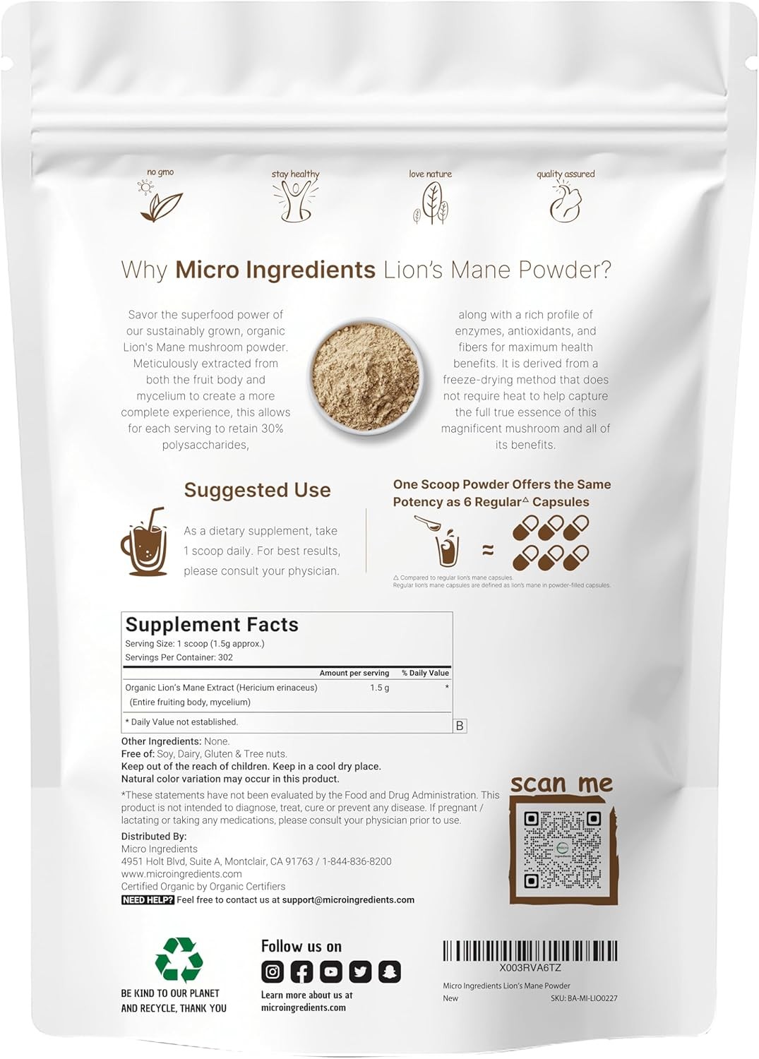 Micro Ingredients Fruiting Lion??s Mane Mushroom Powder Pure Organic Superfood