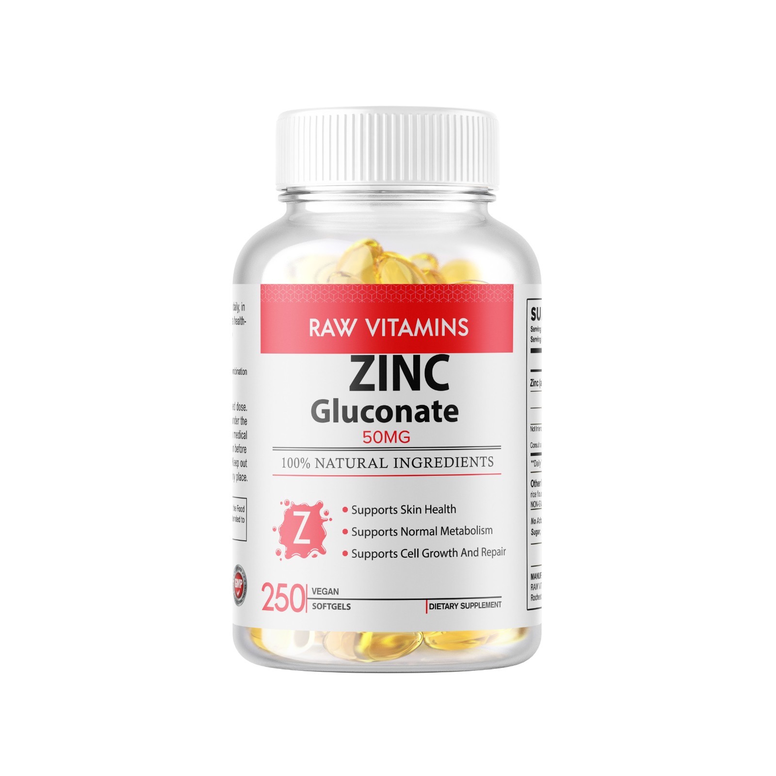Zinc Gluconate Skin Metabolism (50mg) Gluten Free and Non-GMO 250 Softgel USA