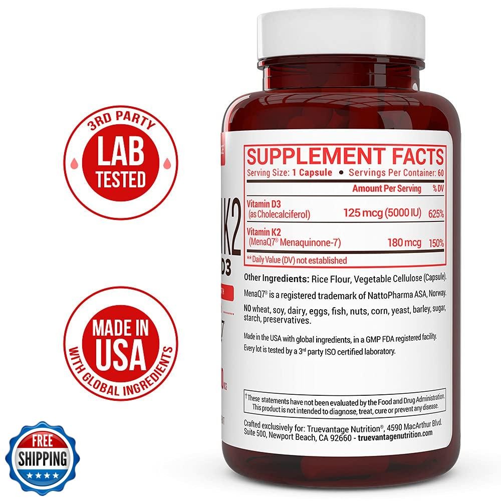 Vitamin K2 D3 Supplement 5000 IU D3 and 180 mcg Vitamin k2 MK7 Supplement for