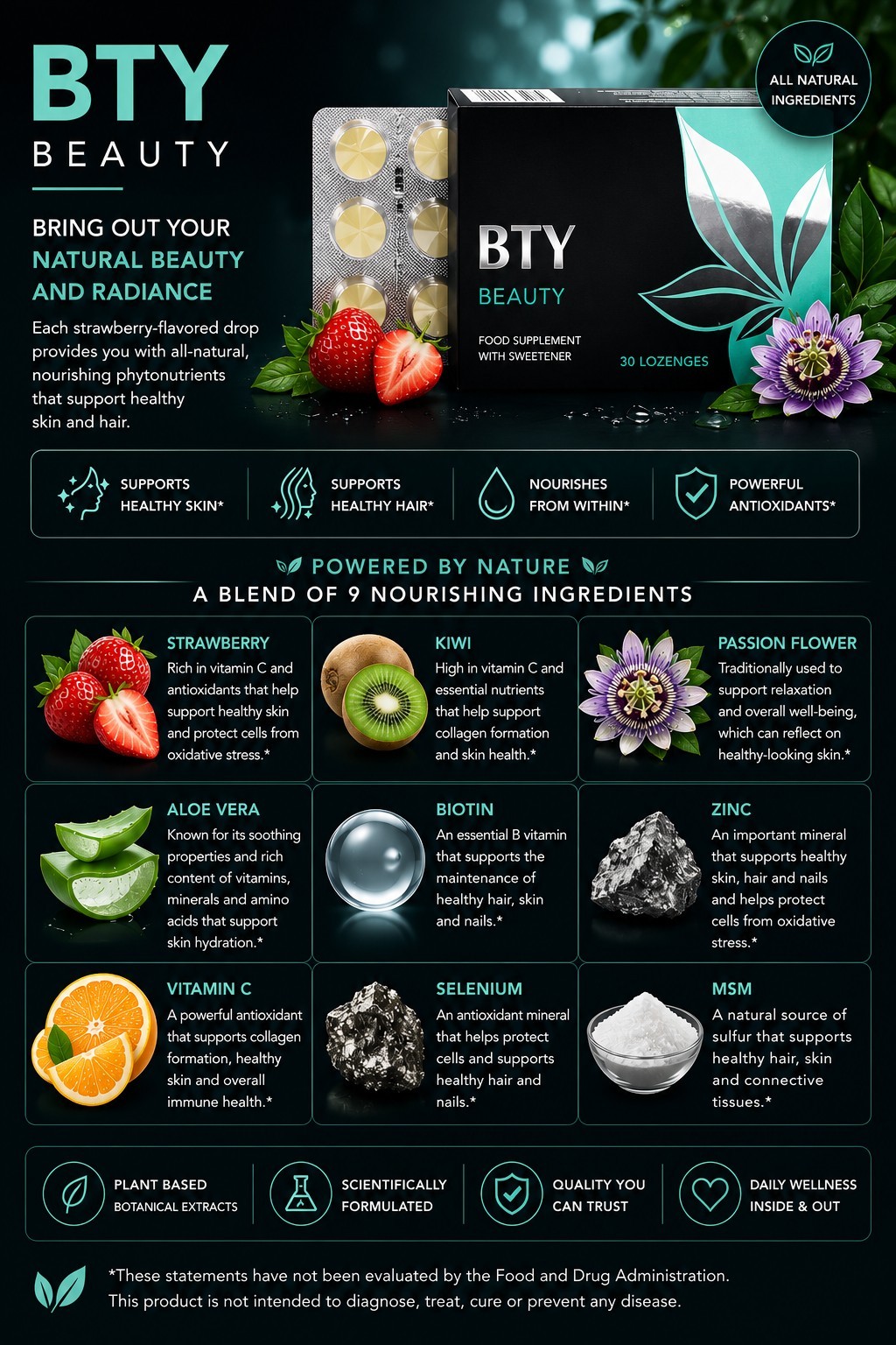 BTY Beauty Hair Skin & Nails Vitamin Lozenges 30 Plant Based Strawberry