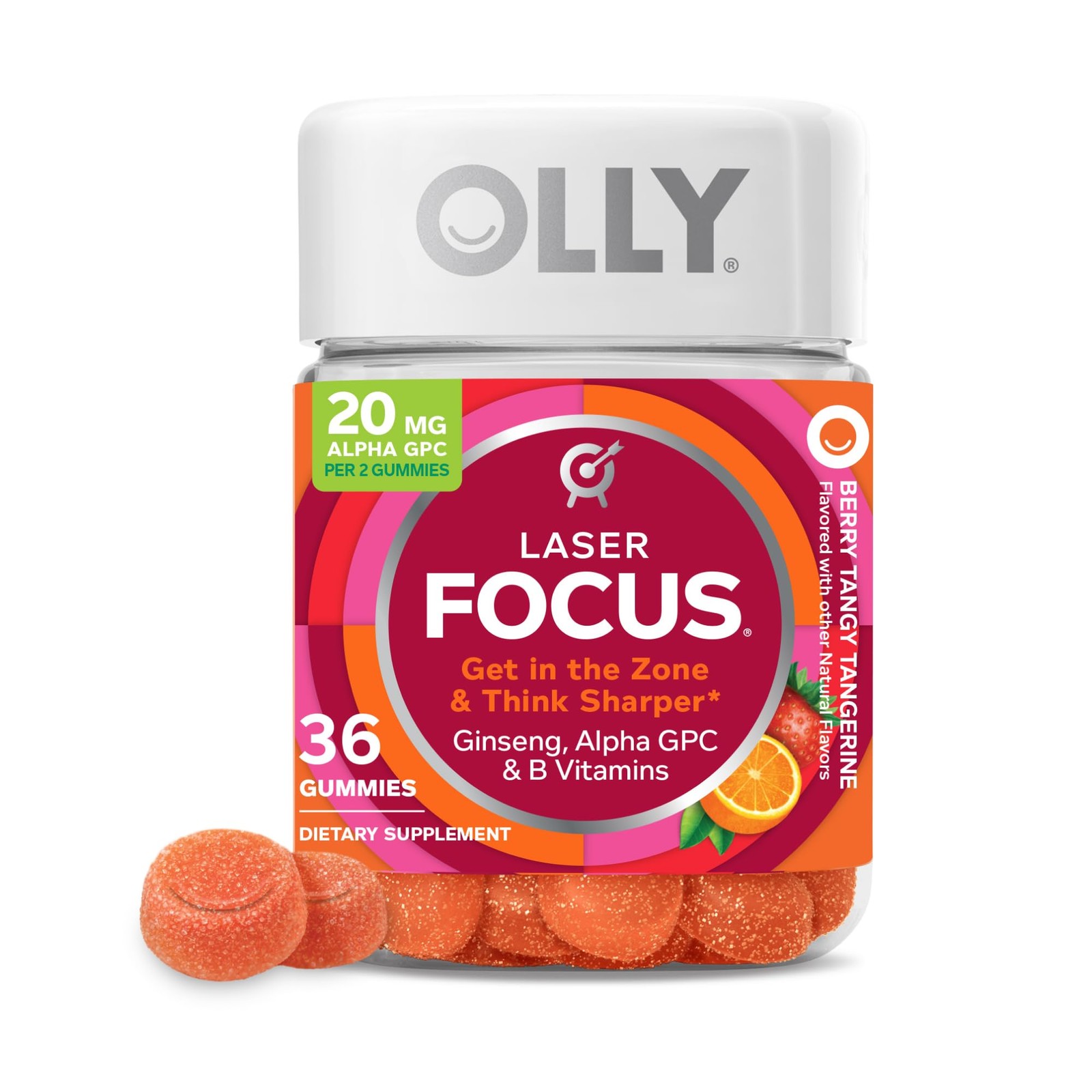 OLLY Laser Focus Gummy, Ginseng, Alpha GPC, B 36 Count (Pack of 1), Orange