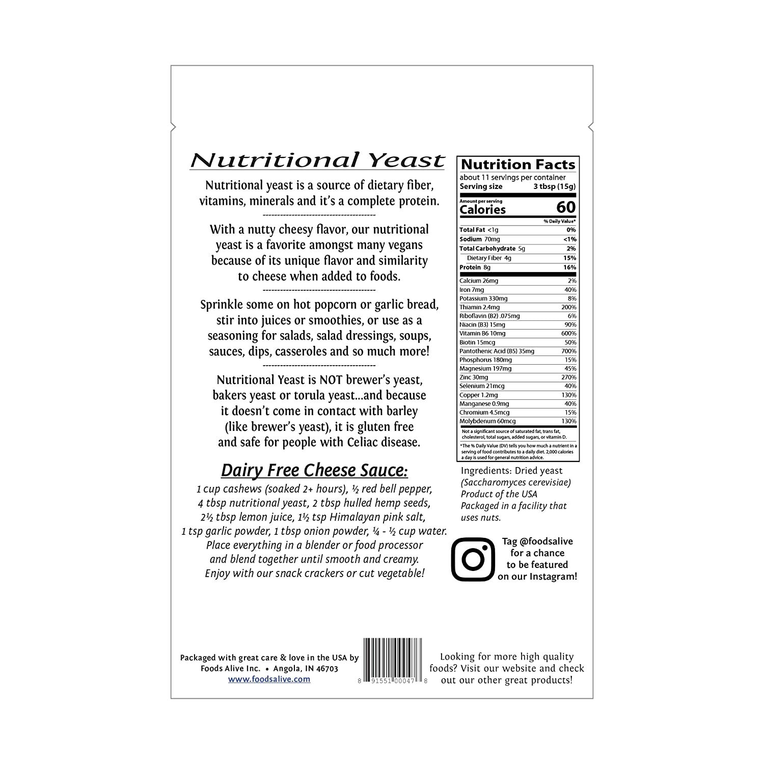 Nutritional Yeast Flakes Non-Fortified Fiber Based Protein Vegan Cheese Diet