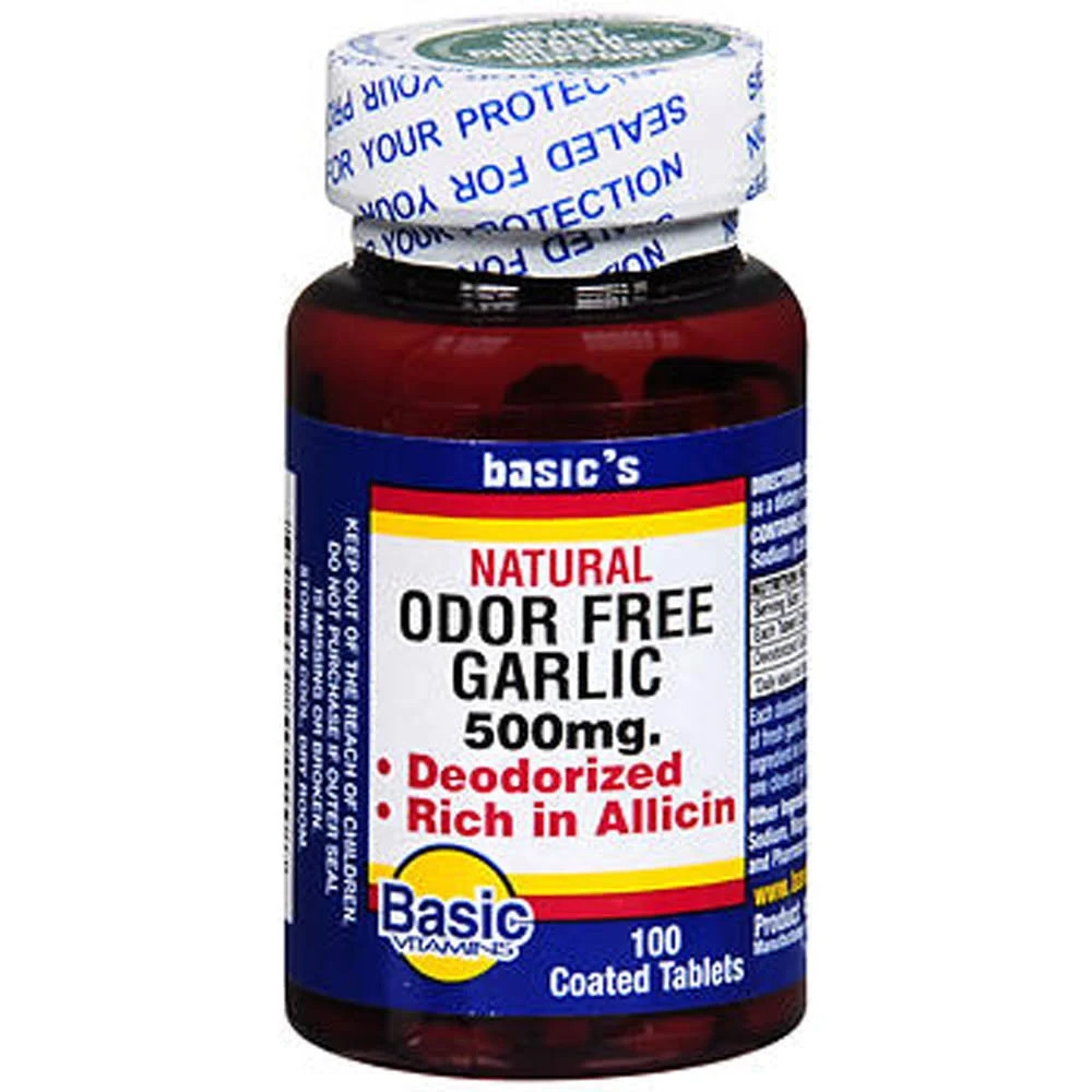basic’s Natural Odor Free Garlic 500mg,100 tabs, Rich in Allicin, Deodorized