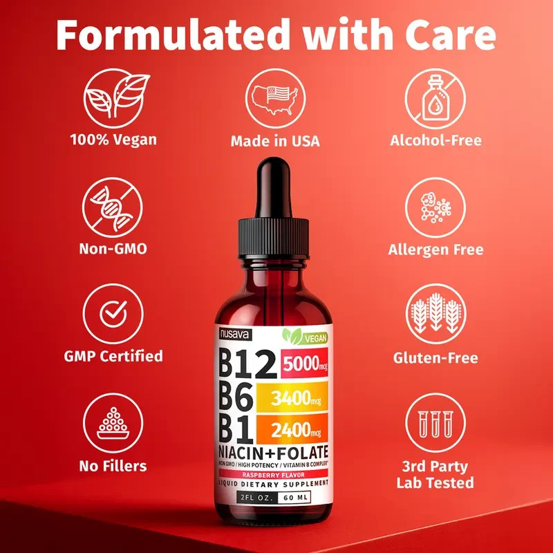 4-Pack Nusava Vegan Vitamin B Complex B12 B6 B1 Niacin + Folate Raspberry Favor