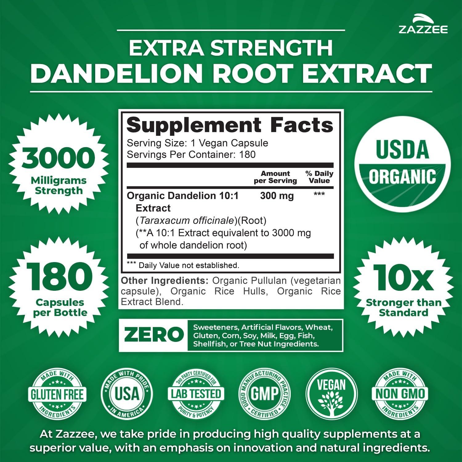 Zazzee USDA Organic Dandelion Root 10:1 Extract, 3000 mg Strength, 180 Capsules