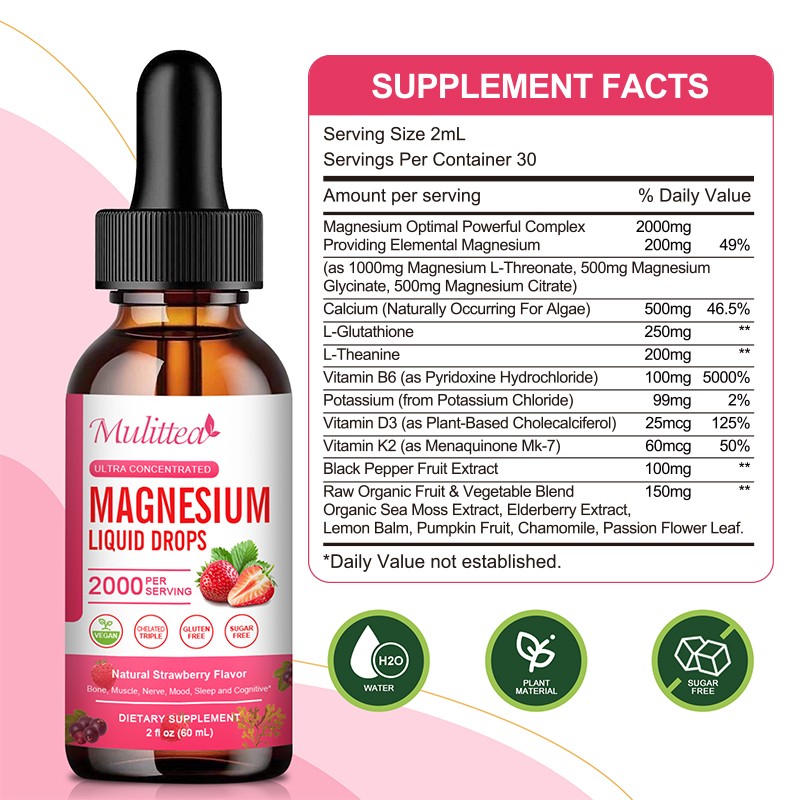2PACK Magnesium Liquid Drops 2000mg Bone, Muscle, Nerve, Mood, Sleep Support