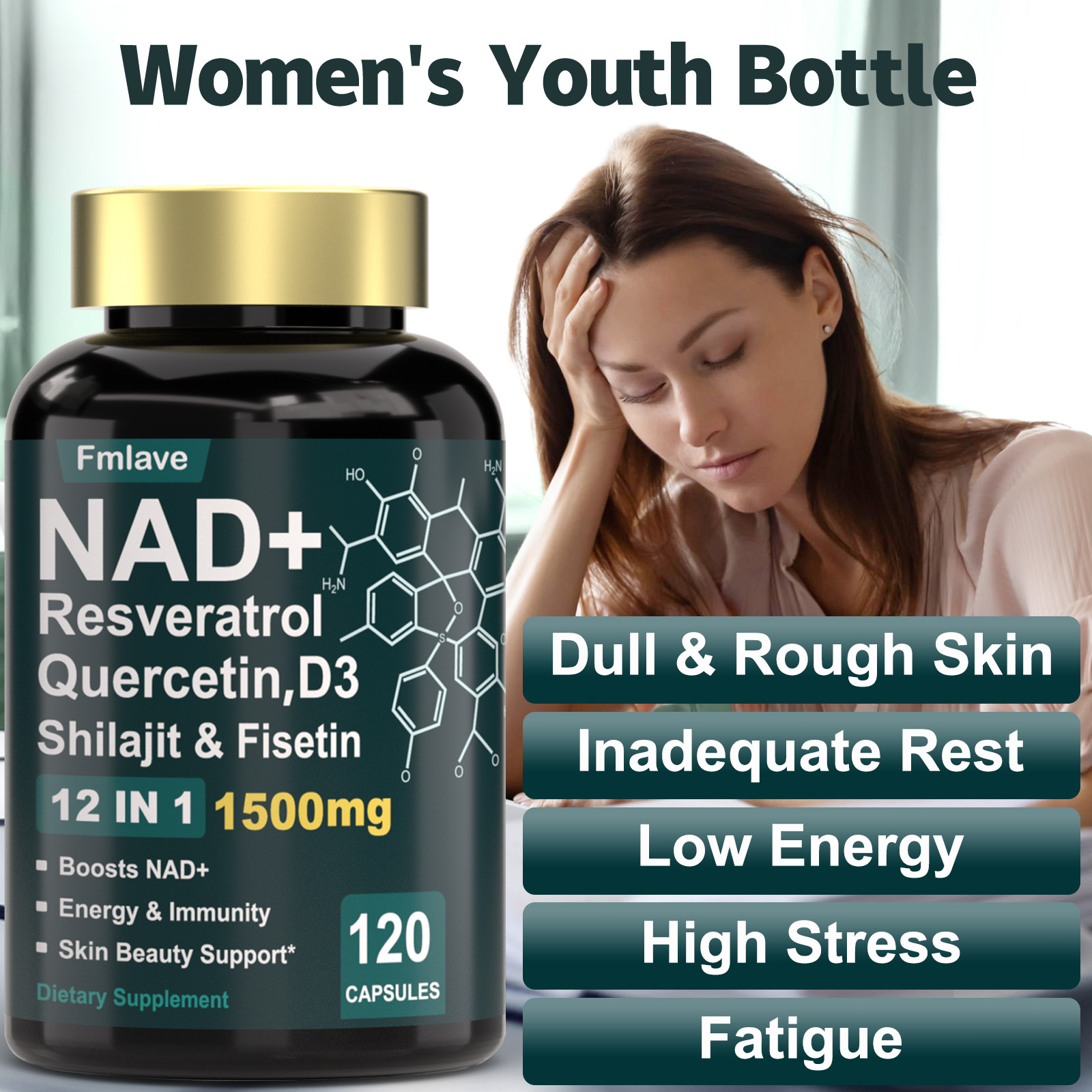 NAD supplement, 1500mg resveratrol containing supplement, 120 capsules USA Ship