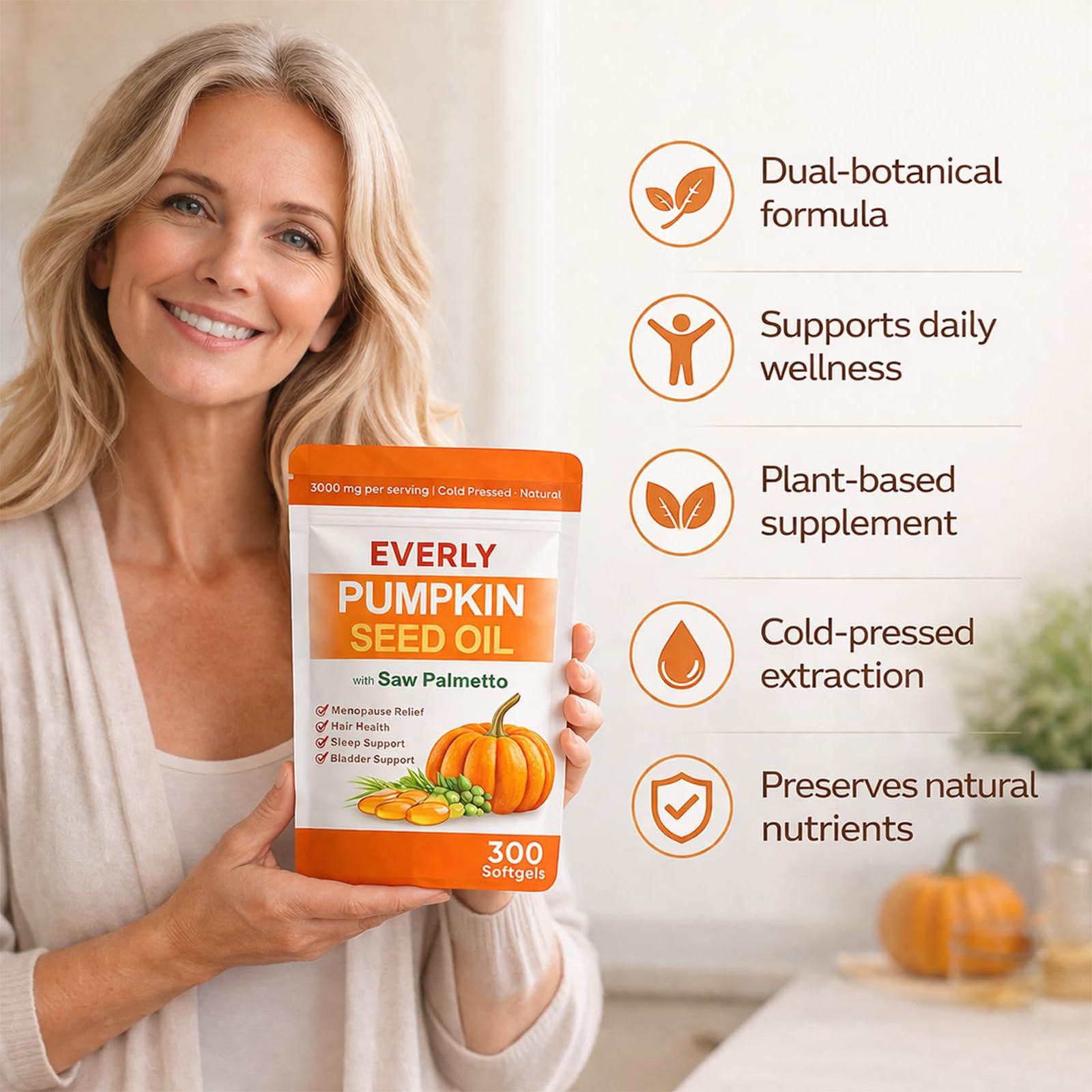 Everly Cold Pressed Pumpkin Seed Oil with Saw Palmetto, 300 Softgels