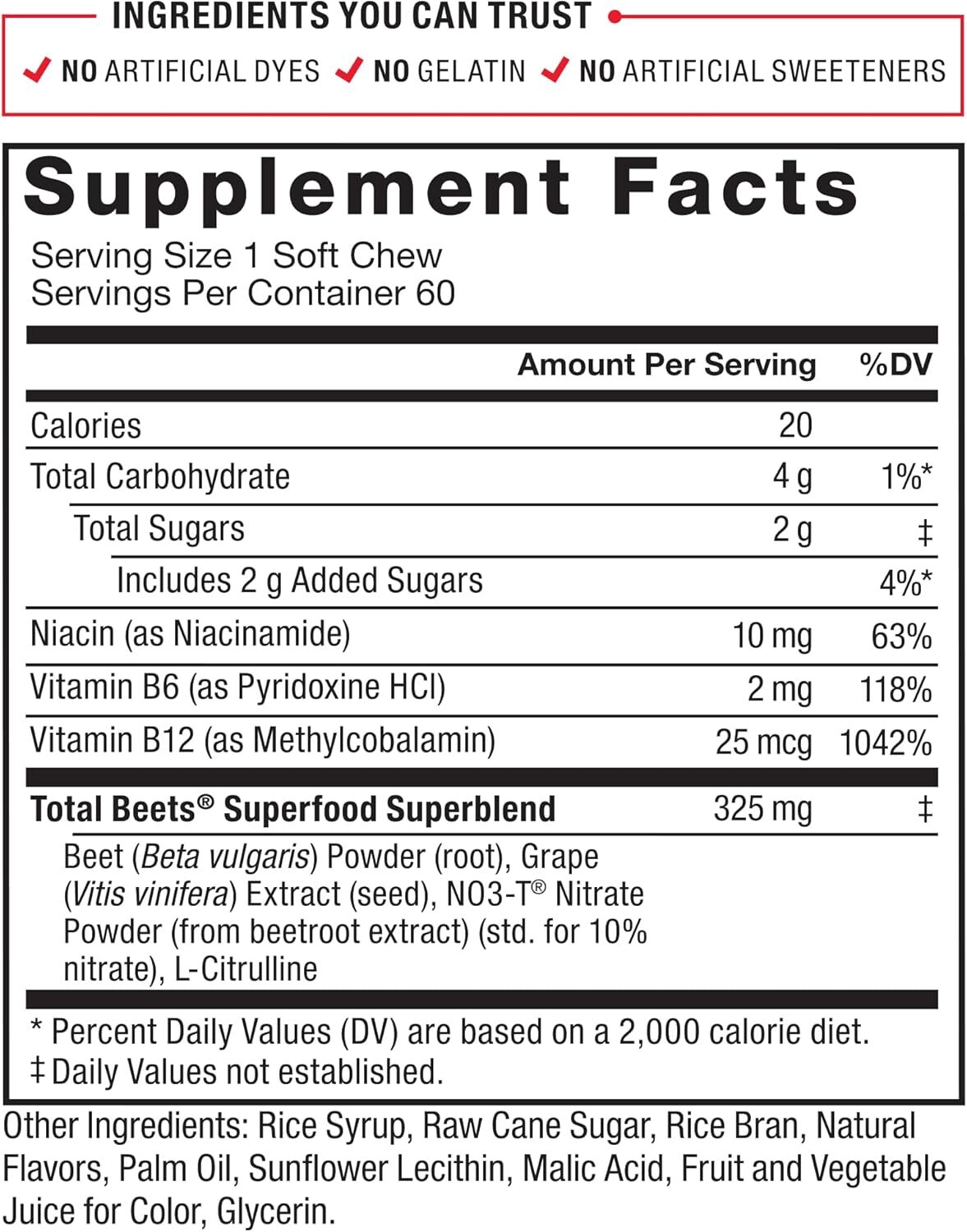 Force Factor Total Beets Soft Chews with Beetroot, 60 Count (Pack of 1)